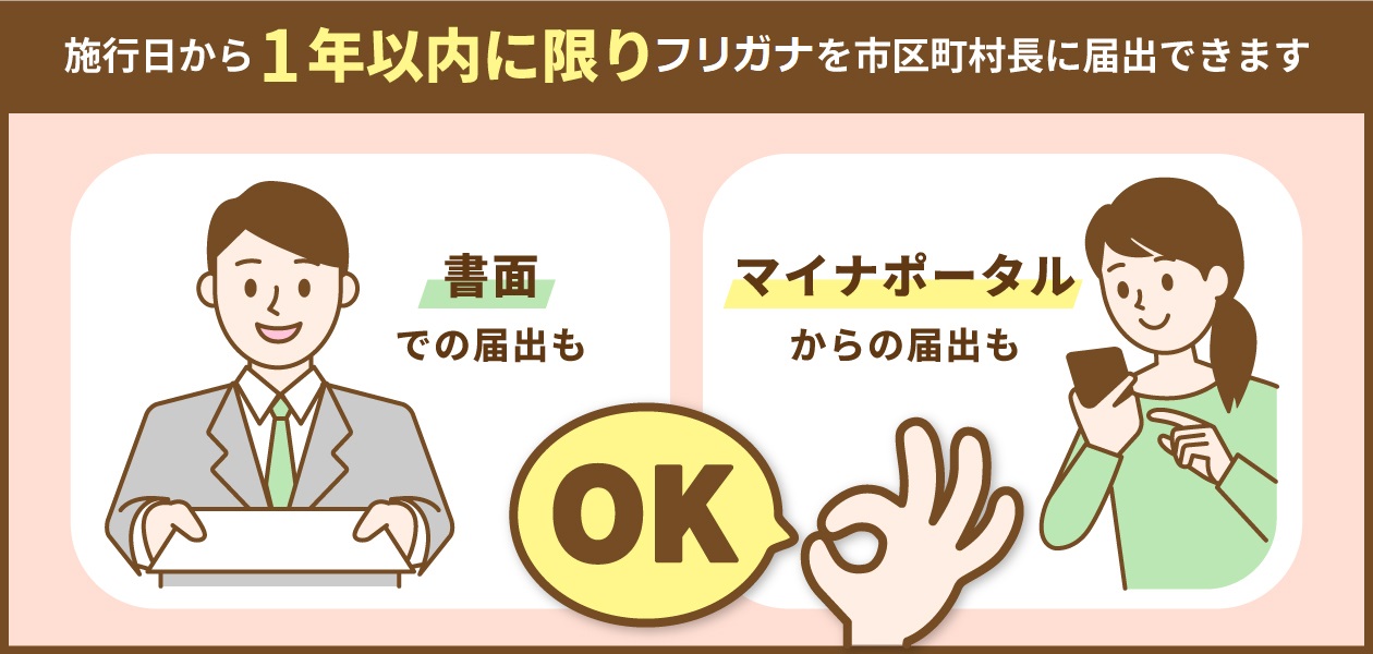 施行日から一年以内に限りフリガナを市区町村長に届出できます