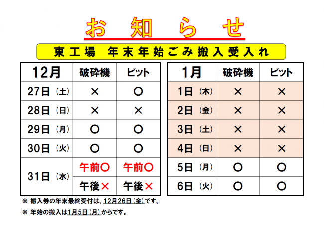 令和7年度 東工場 年末年始 ごみ搬入受入れのお知らせ