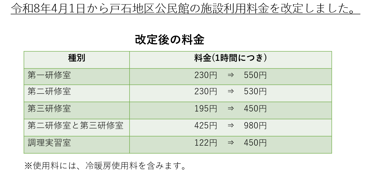 戸石地区公民館料金改定のお知らせ