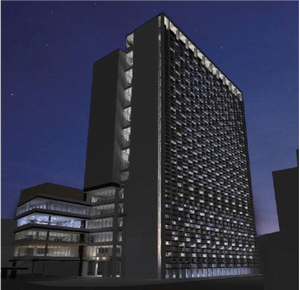 広場側から見た建物のライトアップイメージの画像